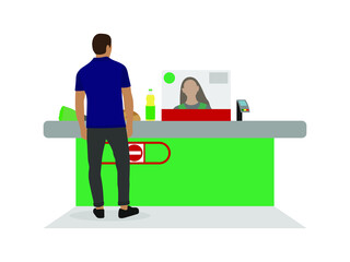A male character with groceries stands near the cash register on a white background