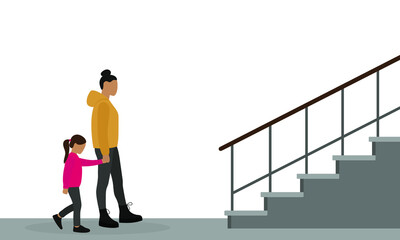 A female character and a girl are walking holding hands to the stairs on a white background