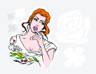woman with flowers art vector for card illustration decoration