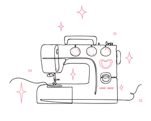Sketch of modern electric sewing machine. Tailor equipment in hand-drawn continuous line style. Editable contour. Vector