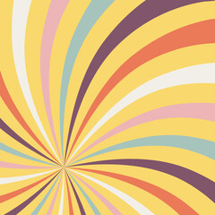 Retro background with color sunburst or starburst. Pattern with vintage color palette, swirl stripes. Vector illustration of 60s.