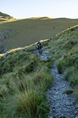 Rear view of Two Friends Hiking on a Mountain at Day Time.Vertical Image.Copy Space