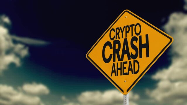A view of a hypothetical "Crypto Crash Ahead" yellow road sign over an ominous time lapse cloudy sky.  	