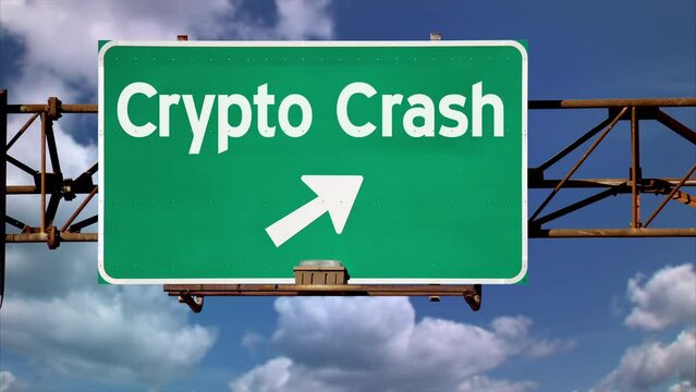 A view of a hypothetical "Crypto Crash Ahead" green overhead road sign over a time lapse cloudscape.  	