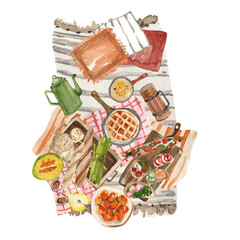 Watercolor autumn picnic on a bedspread