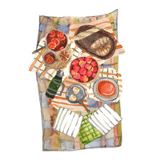 Watercolor autumn picnic on a bedspread