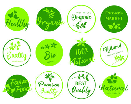 Organic food, natural product and farm fresh sign icons and elements collection for food market.