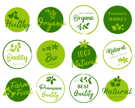Organic food, natural product and farm fresh sign icons and elements collection for food market.