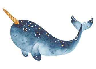 Watercolor magic narwhal in the stars - obrazy, fototapety, plakaty
