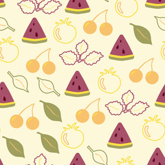 Watermelon and cherries seamless pattern doodle style