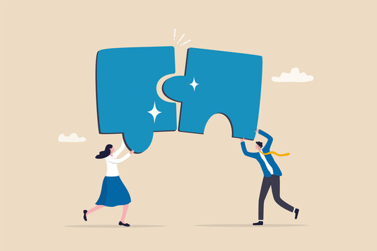 Partnership working together for success, friendship or connection to help solve problem, teamwork or unity to cooperate and overcome challenge, businessman and woman partner connect jigsaw puzzle.