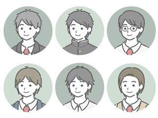 男子学生の斜め向き丸アイコンセット
