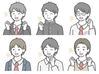 喜ぶ男子学生の斜め向き上半身セット