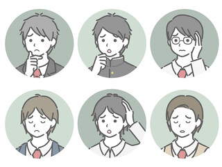 困る男子学生の斜め向き丸アイコンセット
