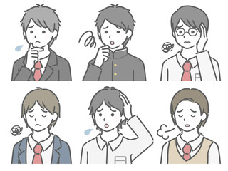 困る男子学生の斜め向き上半身セット