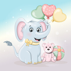 Cute elephant with teddy bear, ball and balloons
