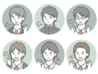 怒る男子学生の斜め向き丸アイコンセット