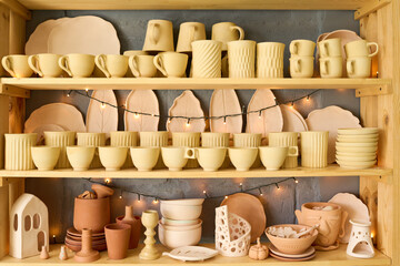 Large display consisting of three shelves with handmade clay products such as mugs, cups, plates,...