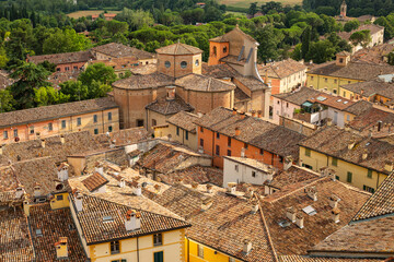 Brisighella, Ravenna, Emilia-Romagna, Italy. Beautiful panoramic aerial view from on the medieval city and the fortress of Manfrediana