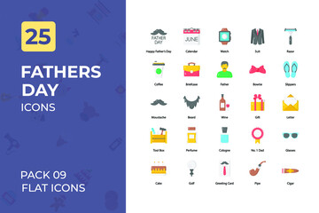 Fathers day Flat Icons Collection. Set contains such Icons as father, watch, suit, gift, letter, wine, best father, and more.
