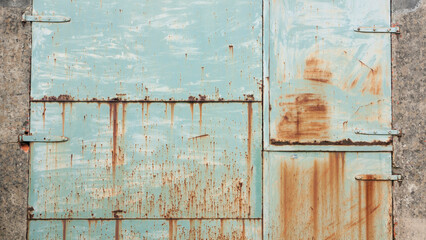 Puerta metálica azul claro con manchas de óxido naranja