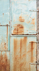 Puerta metálica azul claro con manchas de óxido naranja