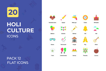 Holi Flat Icons Collection. Set contains such Icons as holi powder, oil lap, holi culture,  and more.