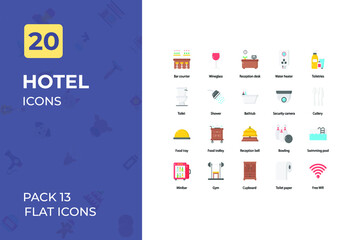 Hotel Flat Icons Collection. Set contains such Icons as room boy, parking, hotel room, waiter, reception, and more.