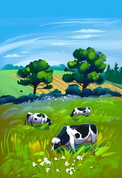 Rural summer landscape with field and cows. hand drawing illustration. Painting background