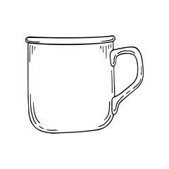 Coloring mug. Camping metal mug for drinks. Hand drawn vector line art black and white illustration.