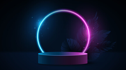 Tropical empty podium with exotic plants to display your brands product. Summer scene with purple and blue neon arc. 3D pedestal for show. Sale mockup. Vector