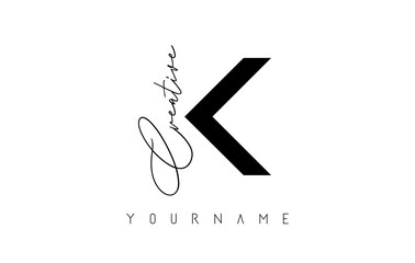 Creative K logo with cuts and handwritten text concept design. Letter with geometric design.