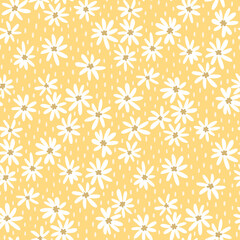 Hand-drawn seamless pattern with stylized chamomile. Colorful floral illustration for paper and gift wrap. Fabric print textured design. Creative stylish meadow background.