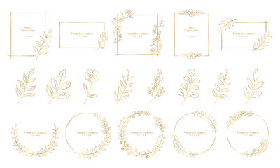 植物のフレーム. 花や葉を装飾したデザイン素材のセット. フローラルイラスト. 金色の線画.