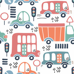 Naklejka premium Seamless pattern with buses and excavators. Cute cartoon cars. Children's background.