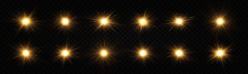 Shining golden stars isolated on transparent background. The star burst with brilliance. Glow effect.