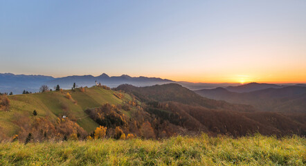 Church in the hills in autumn. 