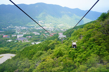 箱根の大涌谷を渡るロープウェイ