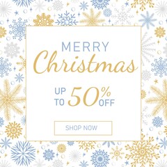 Fototapeta na wymiar Merry Christmas SALE banner template. Winter Holidays design made of beautiful snowflakes in modern line art style on white background. Xmas decoration with falling snow. Vector