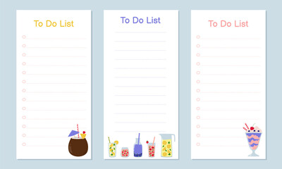 Set of templates for To Do List with cute summer drinks.