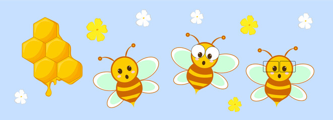 Obraz premium Cute bee with honeycomb. Bumblebees character set. Group cartoon happy bees. Vector illustration isolated on blue background.