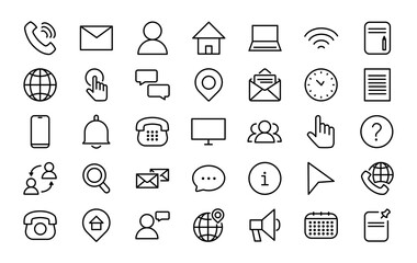 Set of 35 contact us icons in line style. Connection and communication. Vector illustration.