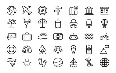 Set of 35 travel icons in line style. Travel, tourism, camping, hiking. Vector illustration.