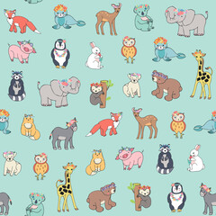 Animals: elephant, bear, giraffe, fox, dog, cat, pig, raccoon, sloth, donkey, owl vector seamless pattern 