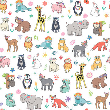 Animals: elephant, bear, giraffe, fox, dog, cat, pig, raccoon, sloth, donkey, owl vector seamless pattern with flowers.