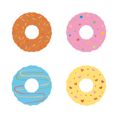 Four donuts of different colors with different glazes. Hand Drawn. Freehand drawing. Doodle. Sketch.	