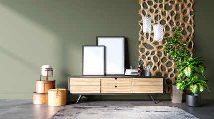 Obraz premium Mock-up interior design of a living room in a modern style. Polished concrete floor, green wall and wood paneling. Furnished with a cabinet with flowerpots and boxes for things. 3d rendering