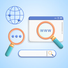 3d network website social media realistic vector icon set. search, website icon