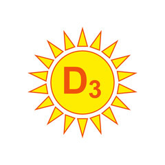 Mineral vitamin D D3 and sun with sunshine. Simple minimal logo and icon design. Isolated abstract vector illustration on white background. Flat style.