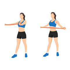 Fototapeta na wymiar Woman doing reverse fly with long resistance band exercise. Flat vector illustration isolated on white background